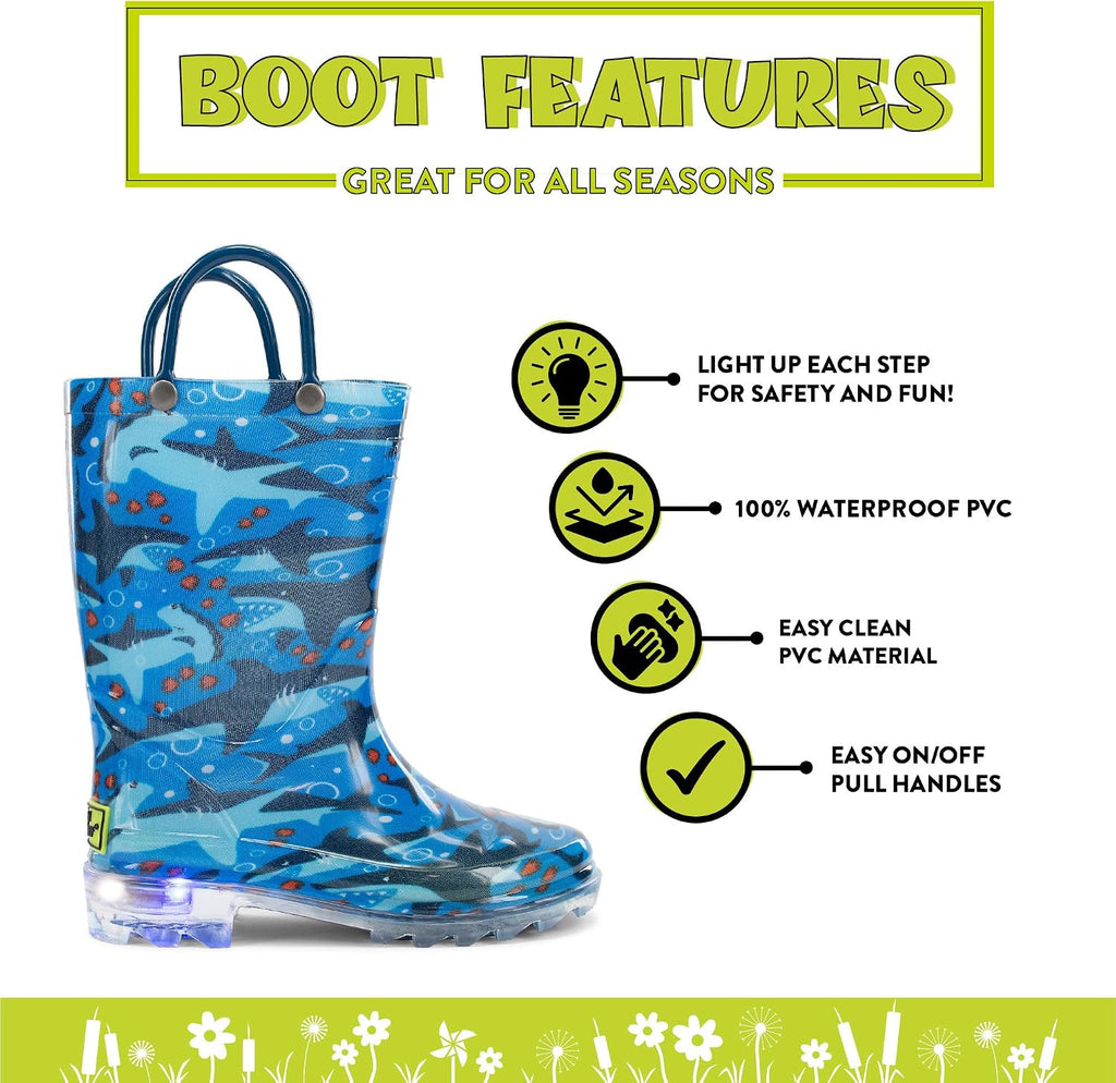Lighted Waterproof Pull On Rain Boot for Boys and Girls