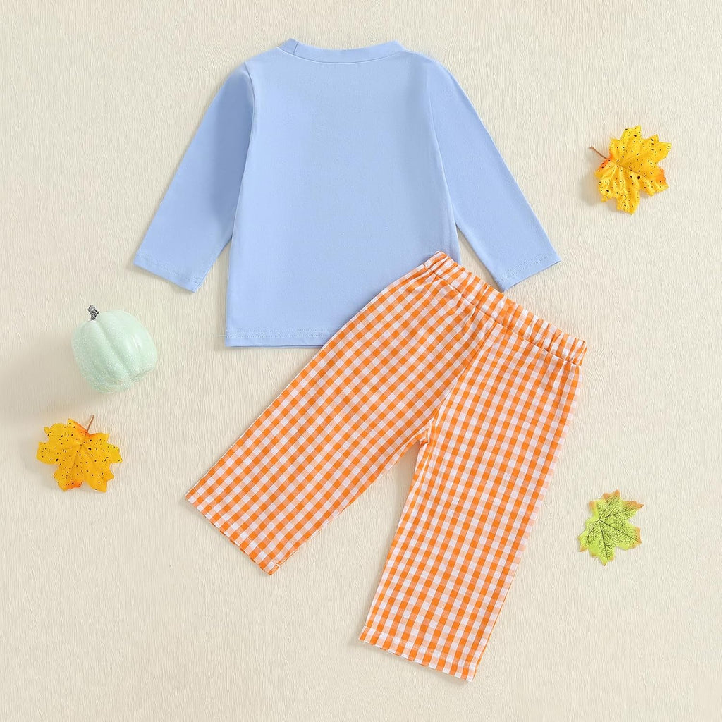 Toddler Baby Boy Fall Clothes Embroidery Shirt Top Elastic Waist Plaid Pants Set Trendy 2 Piece Outfit