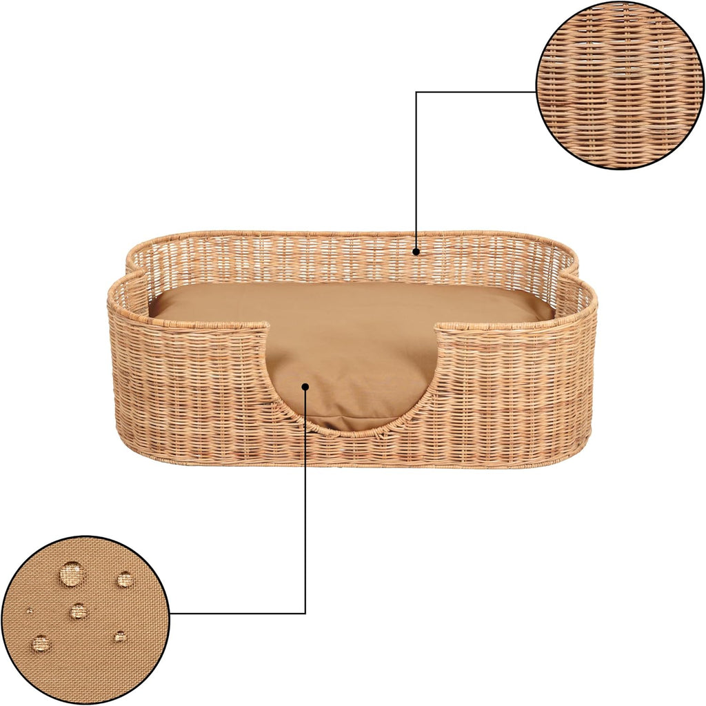 Scallop Handwoven Water Hyacinth Pet Bed with Machine Washable Cushion, 31" x 20" Wicker Cat and Dog Bed