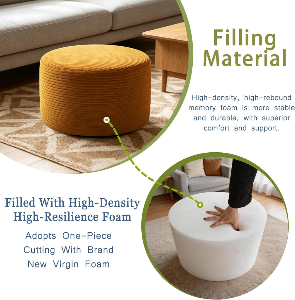 Round Ottoman Pouf, Plush Corduroy Foot Stool with High-Density Memory Foam, 3-in-1 Footrest Extra Seating Side Table