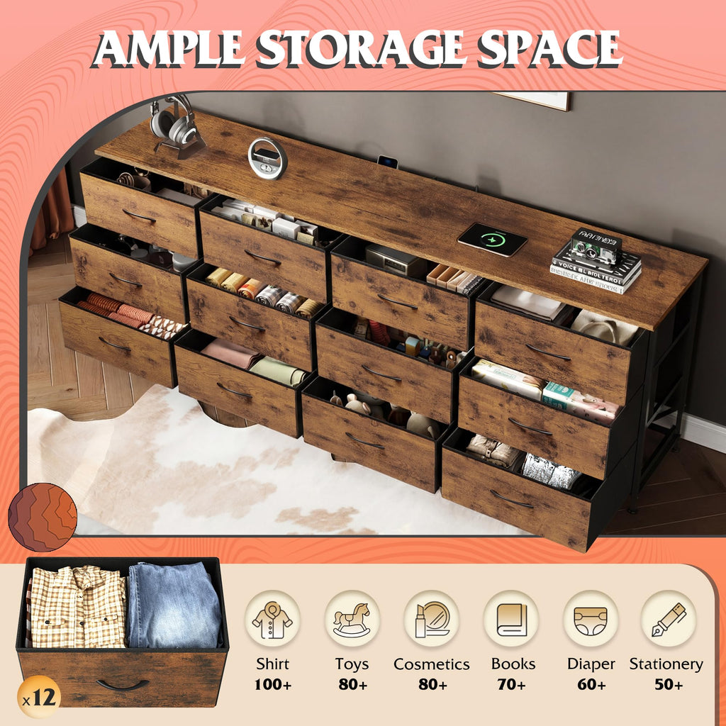 Long TV Stand for 85 Inch TV, 12 Drawer, Rustic Brown