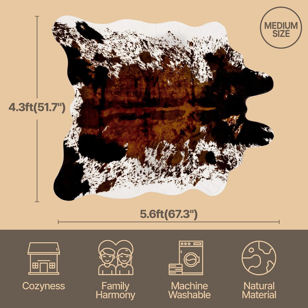Faux Cowhide Rug Large (4.3ft x 5.6ft) - Non-Slip Backing, Cow Print Decor - Fireplace Hearth Rug, Wall Art