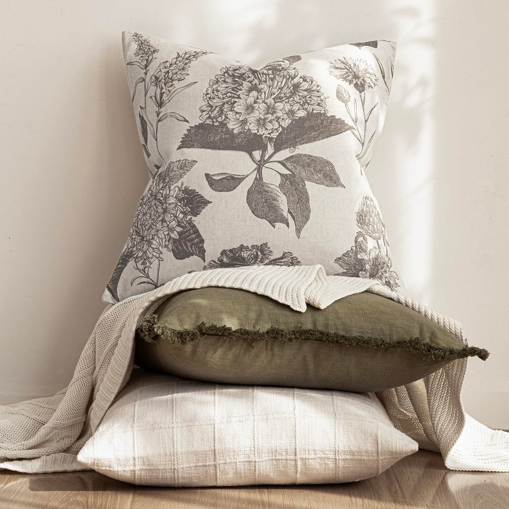 Decorative Linen Floral Throw Pillow Cover 18×18 Inch, Light Gray