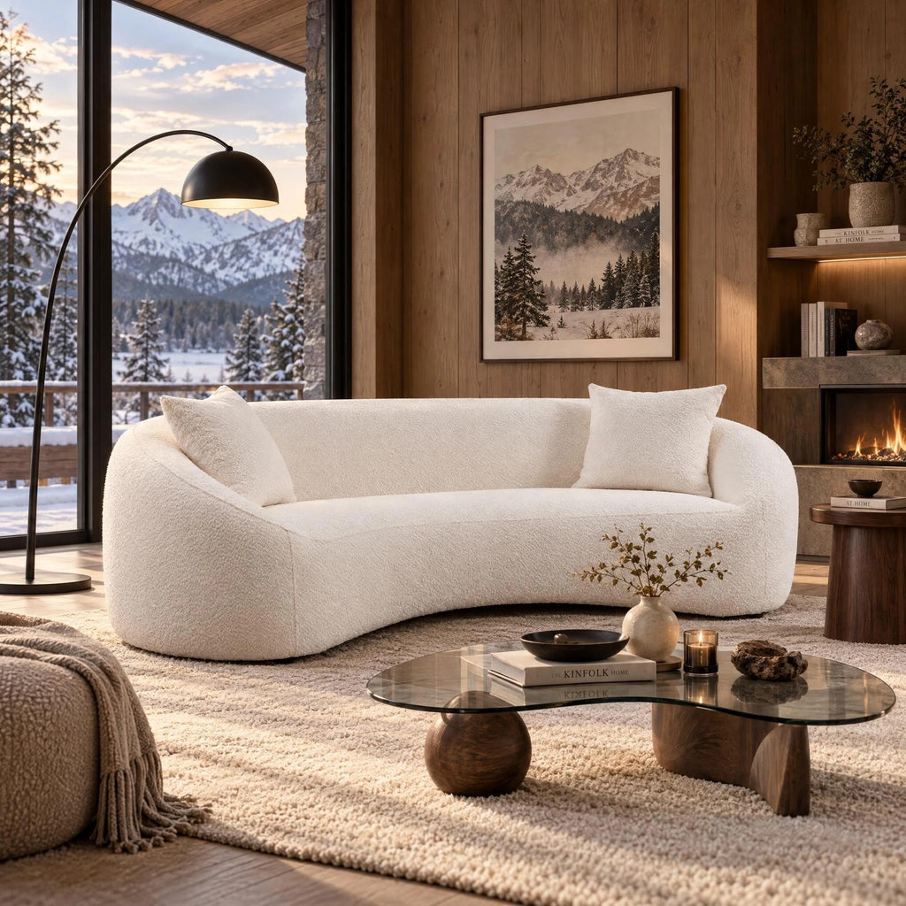 Curved Sofa Couch, 93", Chenille, Modern, White Boucle