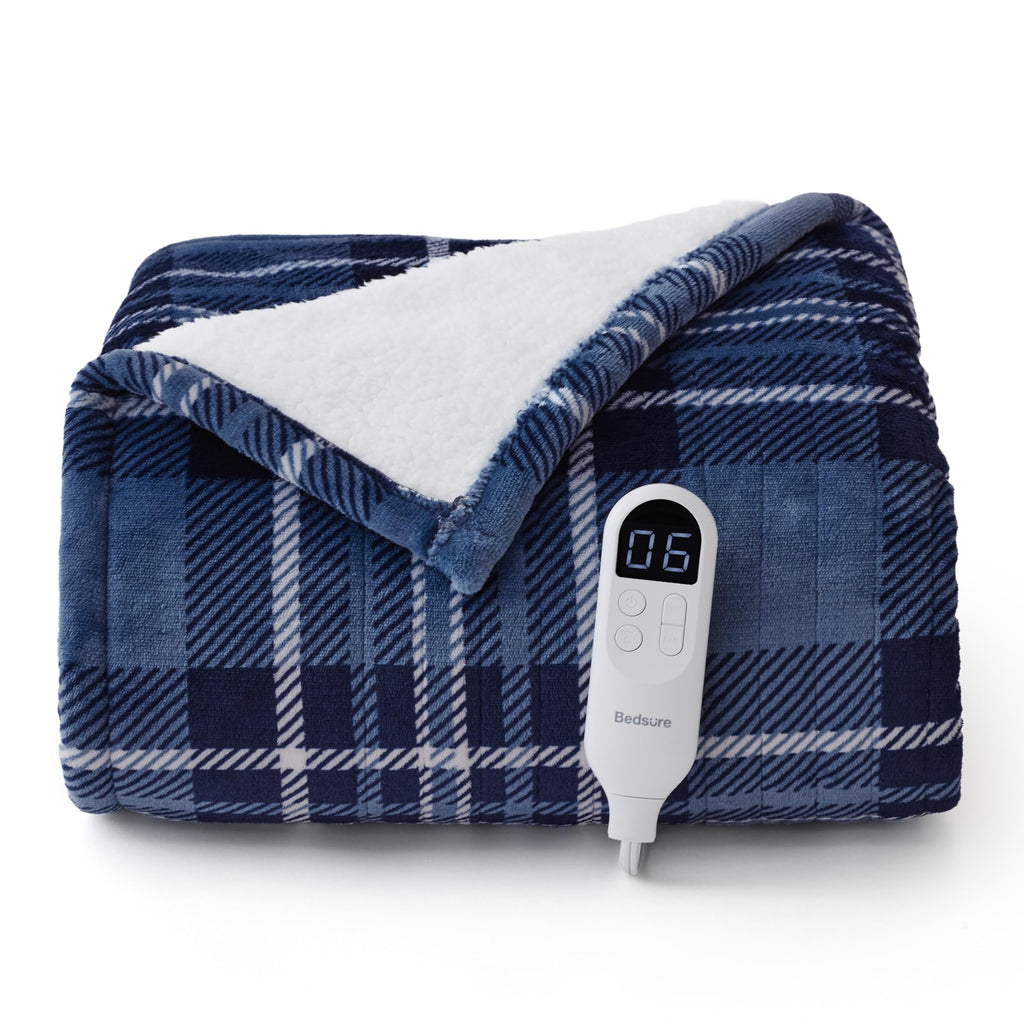 Blue Plaid Heated Throw Blanket, Flannel Sherpa Electric Blanket