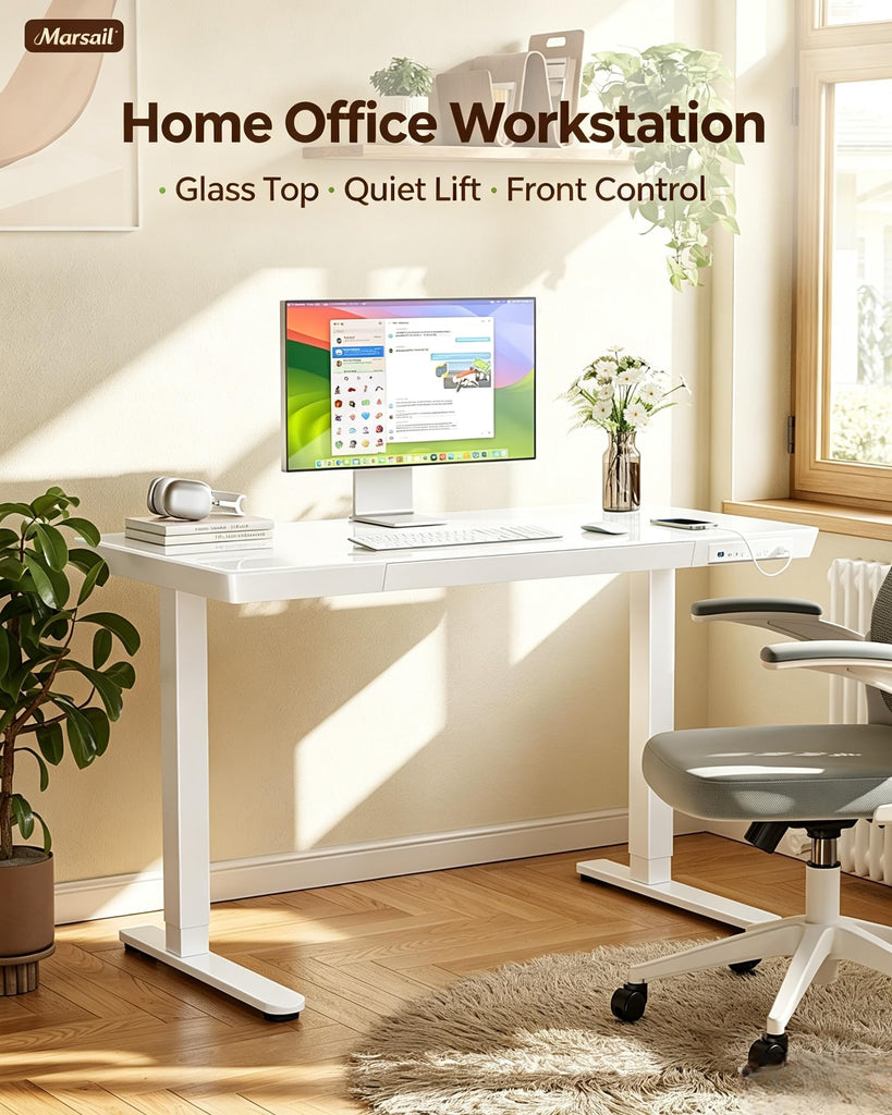 Glass Standing Desk, 55 x 28 Inch Electric Standing Desk, White