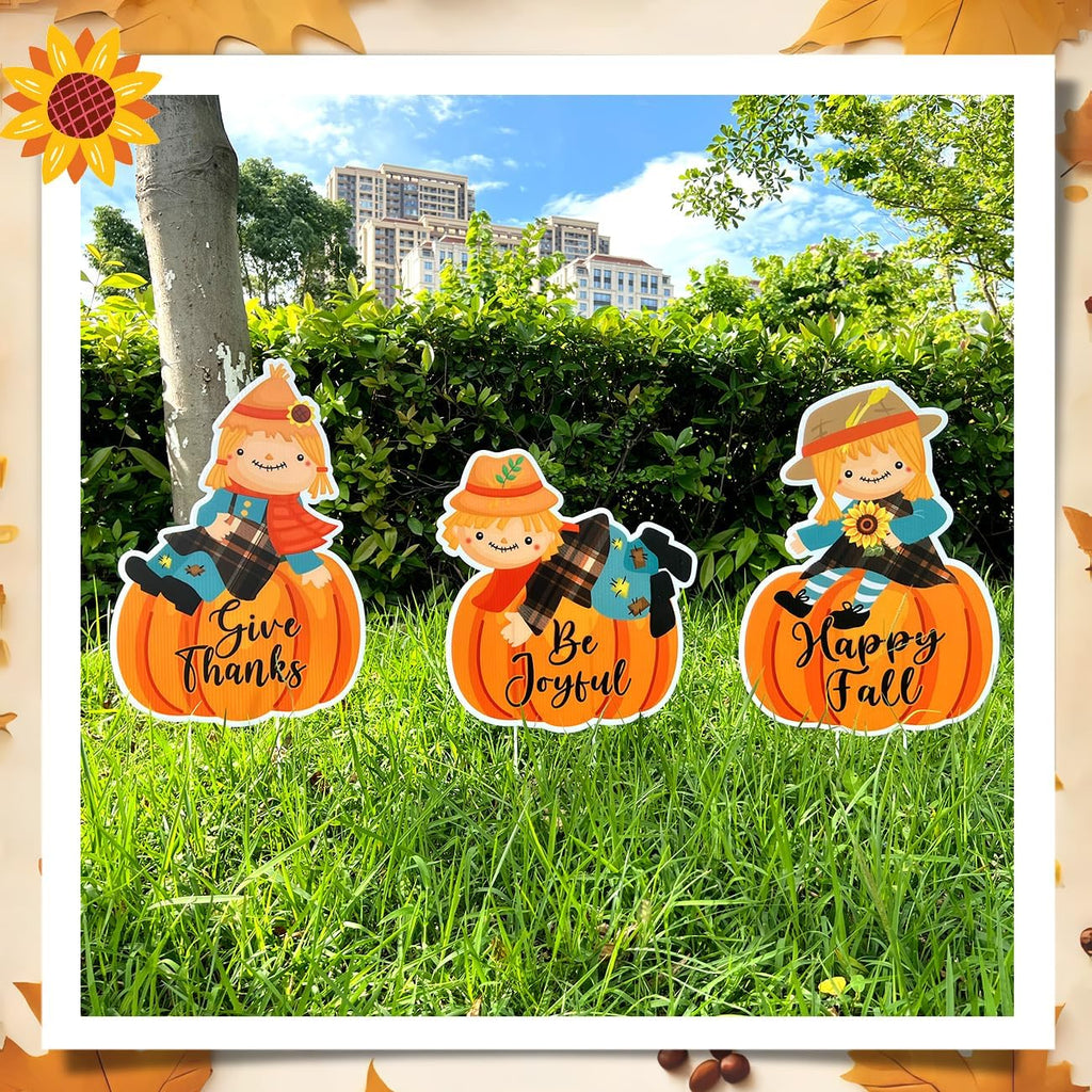 Fall Yard Signs Decorations Thanksgiving Pumpkin Yard Stakes Outdoor - Set of 3