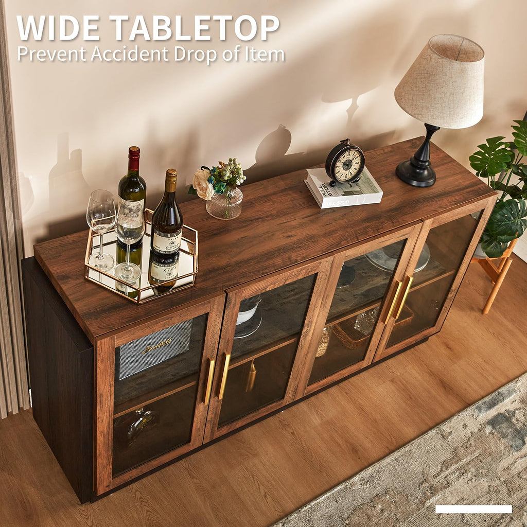 64" Sideboard Buffet Cabinet with Glass Doors & LED Lights, Brown
