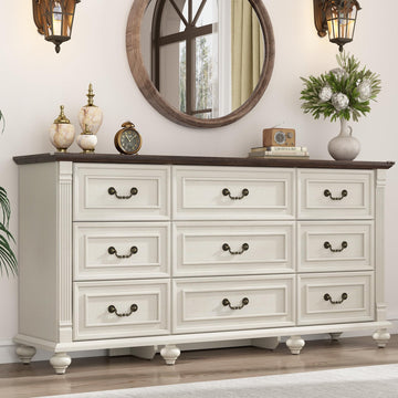 Farmhouse 9 Drawer Dresser with 6 Gourd Feet and Roman Column Decor, 63in Wide Wood Country Rustic Chest of Drawers