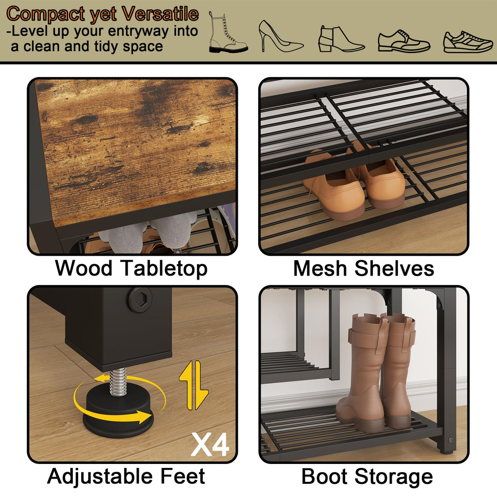 Shoe Bench, 3 Tiers Shoe Rack Bench, 31.5" Shoe Storage Bench, Retro Industrial Entry Bench with Mesh Shelves and Boot