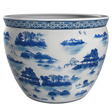 14" Landscape Blue & White Porcelain Fishbowl Planter or Cachepot for Indoor/Outdoor Use in Garden Entryway Living