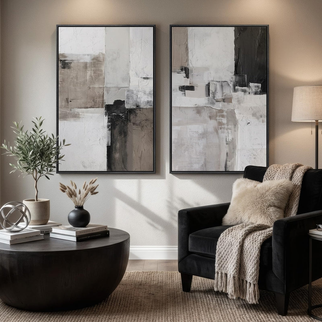 Framed Abstract Black and White Brown Wall Art, 24x36 Inch