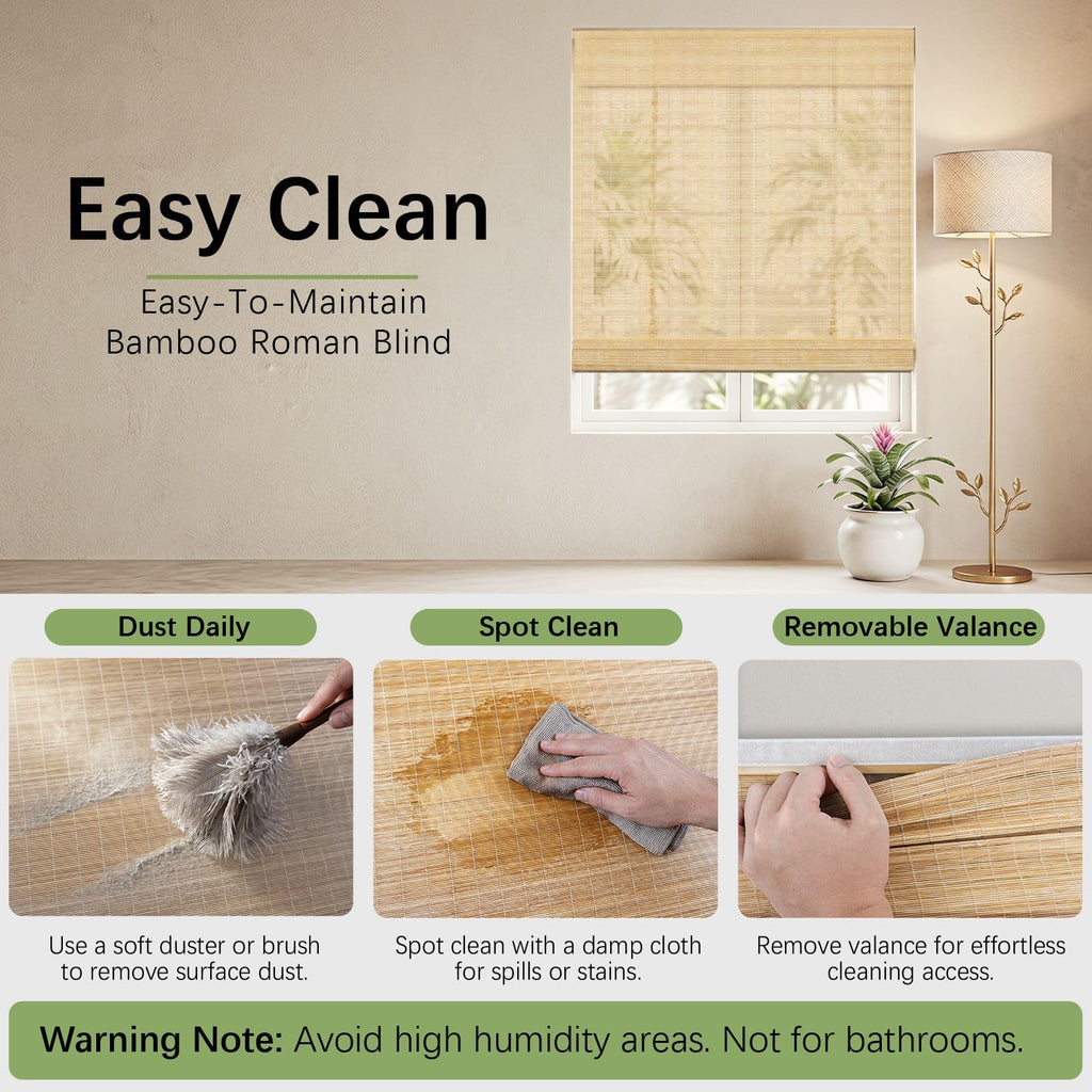 No Drill Cordless Bamboo Roman Shades, Made to Size, 54" Long