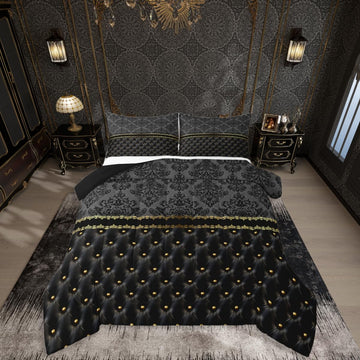 Black and Gold Damask Adults Comforter Set Gothic Antique Victorian Baroque Bedding Set with 2 Pillow Cases Jacquard