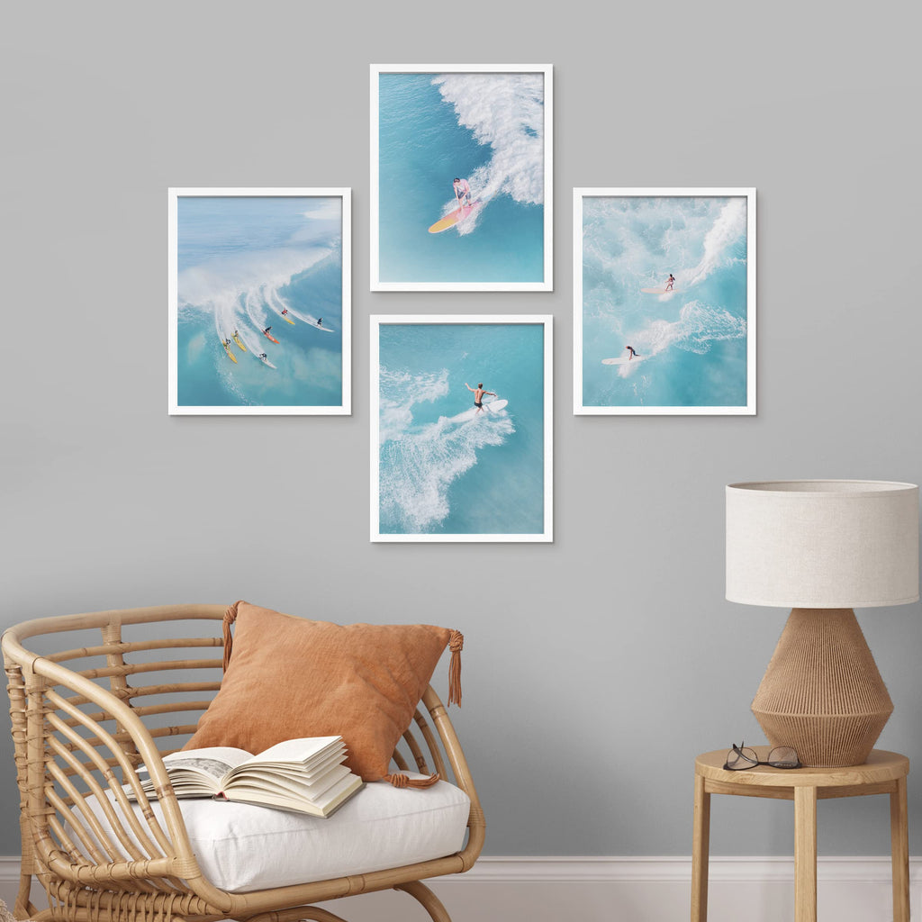 Framed Ocean Nautical Landscape Wall Art, Set of 4 Surfing Surfboard Aerial View Wall Decor Prints, Nature Wilderness