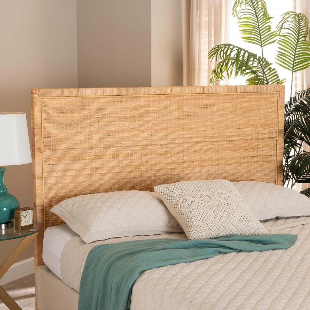 Bohemian Natural Rattan and Mahogany Wood King Headboard
