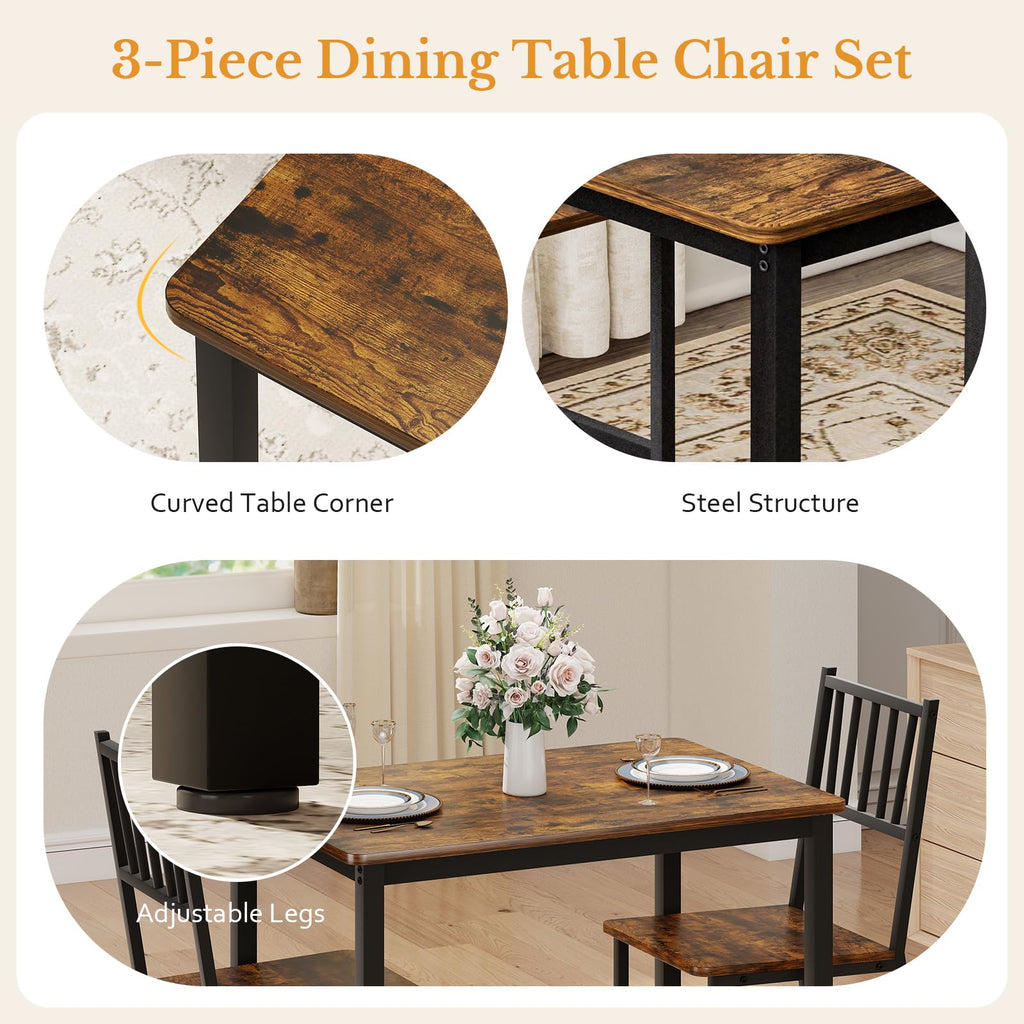 3 Piece Dining Table Set for 2 with Steel Frame & Adjustable Feet, Small Kitchen Table with 2 Chairs, Modern
