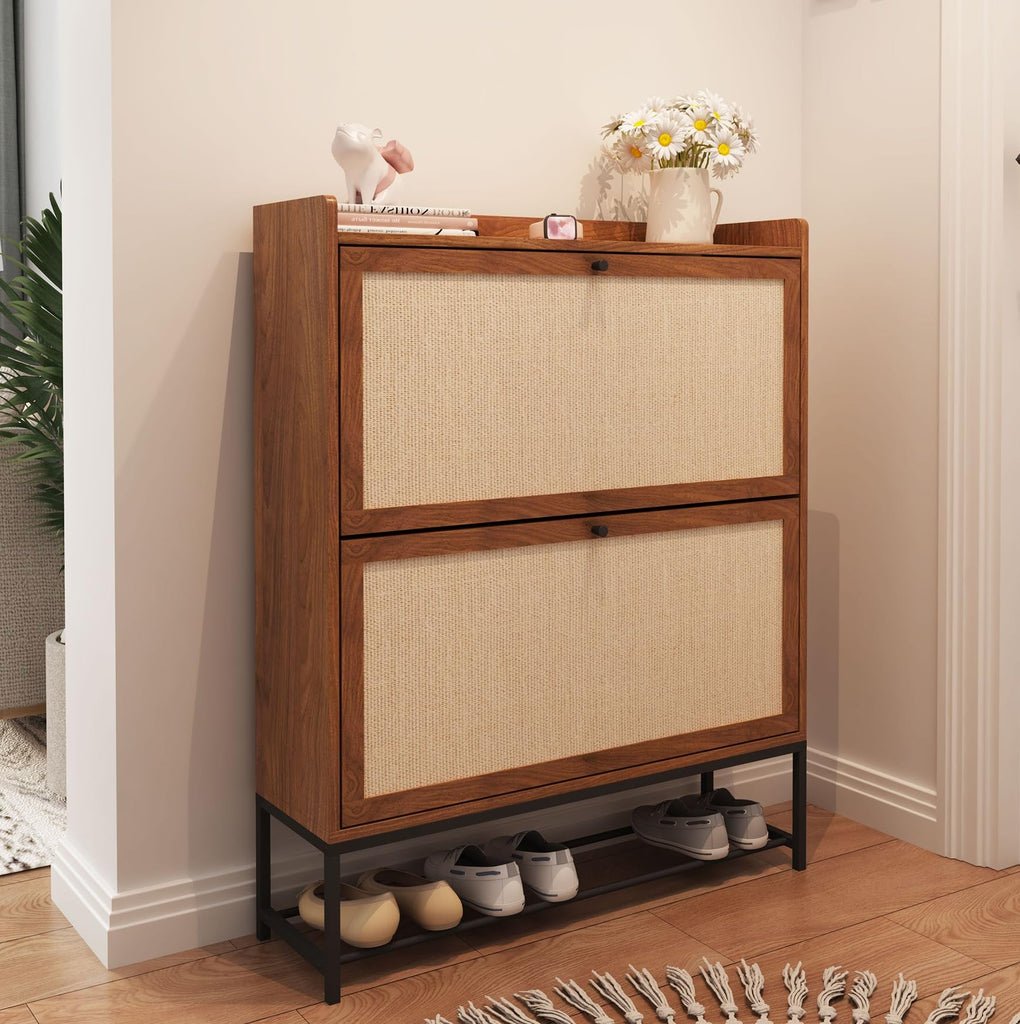 Narrow Sim Shoe Cabinet with 2 Flip Drawer, Sim Wooden Shoe Rack, Walnut