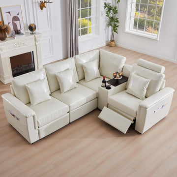 Faux Leather Sectional Sofa, L Shaped, 4 Seater, Beige