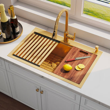 33 Inch Gold Drop In Single Bowl Workstation Handmade Kitchen Sink