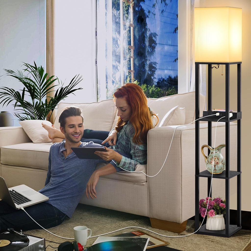 Shelf Floor Lamp with Wireless Charger, USB, Type C, AC Port, Black
