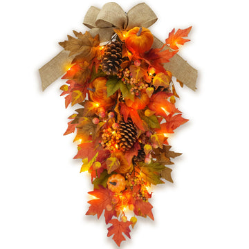 30" Pre-lit Fall Teardrop Swag, Pumpkin Maple Leaf 35 Fairy Light