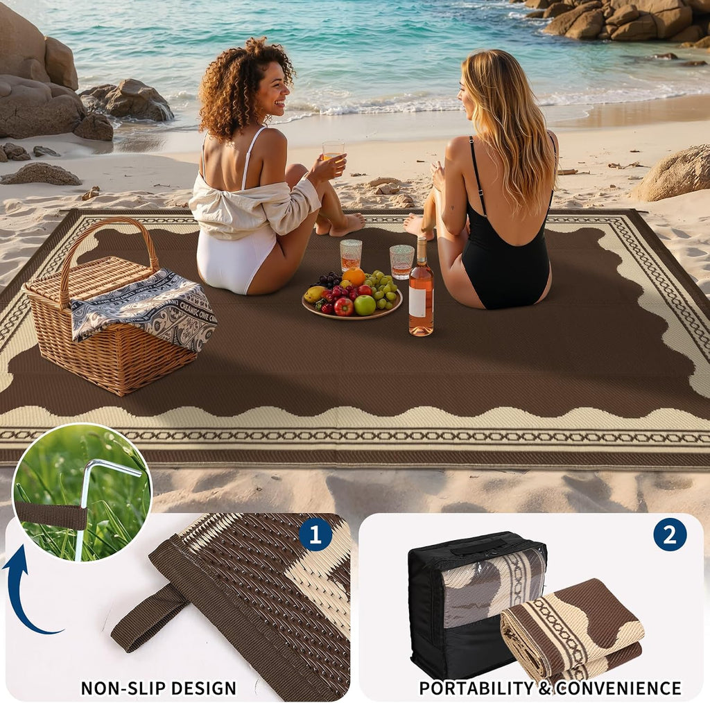 Outdoor Rug Scalloped Waterproof Patio RV Outdoor Rugs Reversible Foldable Plastic Straw Rug Modern Camping