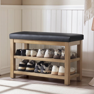 Shoe Rack Bench with Leather Cushion, 2 Tier Solid Wood Storage Bench, Mid-Century Modern Shoe Bench, Closet, Front