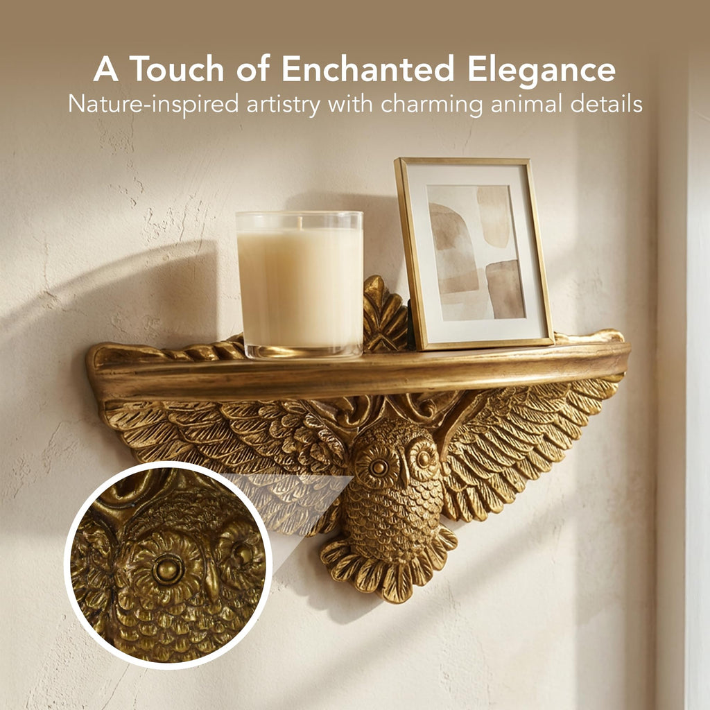 Antique Gold Vintage Ornate Resin Owl Bird Manor Floating Wall Mounted Shelf - Shabby Chic Baroque Decor Ledge for