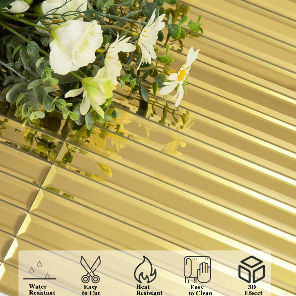 Beveled Mirror Backsplash Tiles, Gold Strip, 12x12 Inch, Mirror TIile Accent Wall, Pack of 5 Sq.ft