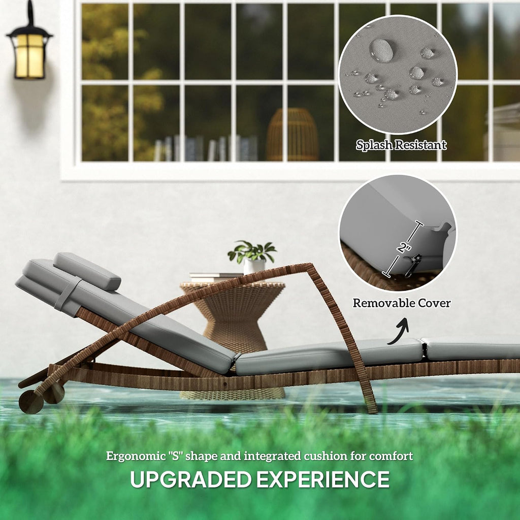 Wicker Chaise Lounge Chair Outdoor 5-Position Reclining Gray | Set of 2, Pool Lounge Chairs with Wheels, Rattan