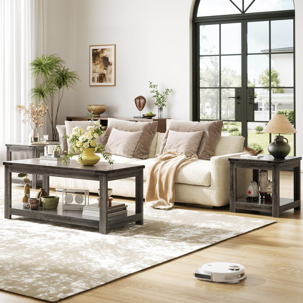 20" End Table with Storage Shelf, Farmhouse Bedside Table, Grey