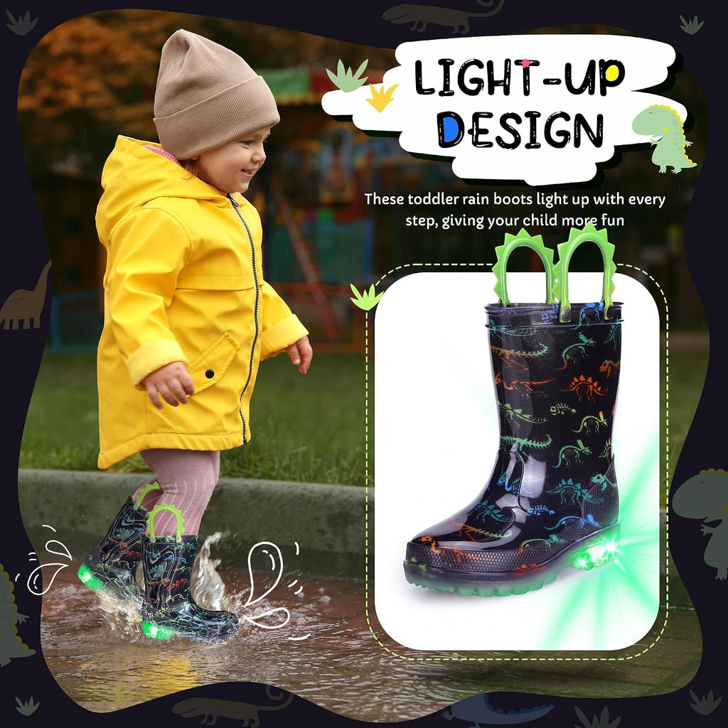 Toddler Kids Rain Boots - Light Up Boys Rainboots Boots Waterproof Lightweight Outdoor Shoes with Easy-On Handles