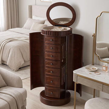 Blair Oval Standing Jewelry Armoire, Organizer with Mirror Lid, Side Doors, 7 Drawers, Jewelry Box for Necklaces