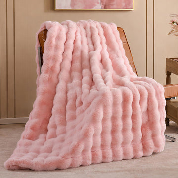 Faux Rabbit Fur Throw for Couch - Blush Pink Bubble Blanket 60"x80" | Fluffy Plush Fuzzy Throw for Sofa & Bed, Super