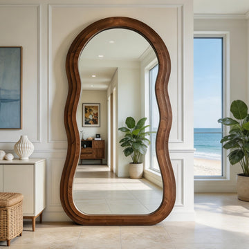 Wavy Full Length Mirror, 71"x33.5" Arch Solid Wood Floor Mirror