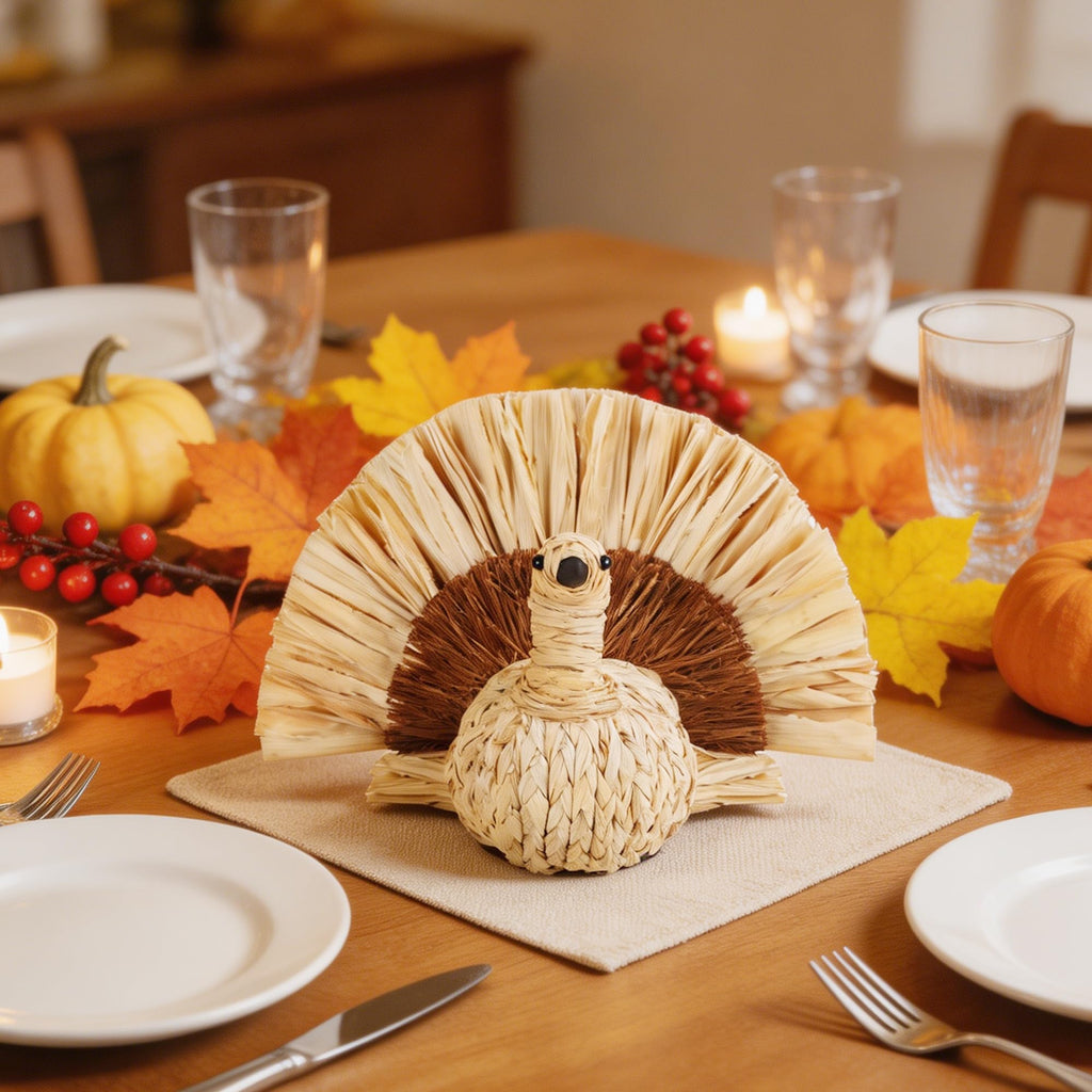 Thanksgiving Turkey Decor Straw Turkeys, 6.7" Tall