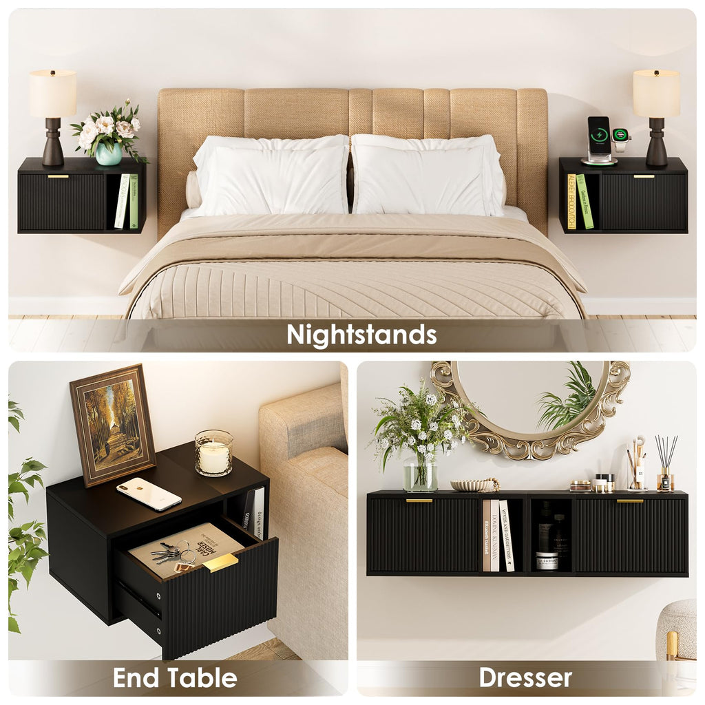 Floating Nightstand, Wall Mounted Floating Bedside Table with Storage Drawer and Open Shelf, Modern Bedroom
