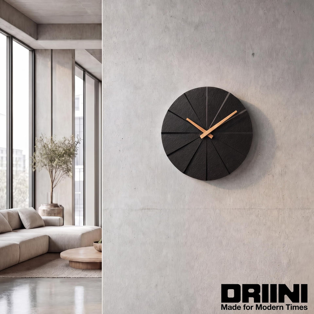 Modern Wall Clock with No Numbers and Wooden Hands. Black, 10.5 Inch