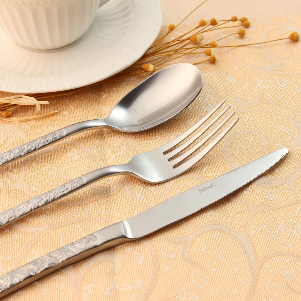 30-Piece Silverware Set, SILVER Hammered Flatware, Dishwasher Safe