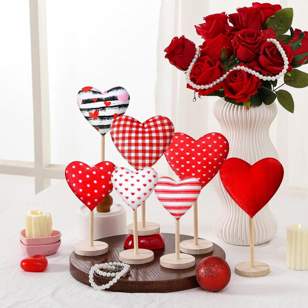 Valentine's Day Decorations Flocked Heart Table Decor Velvet Heart Wooden Sign Tall Standing Love Tabletop - Set of 7