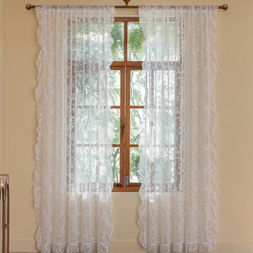 White Ruffle Curtains - Boho Flower Sheer Lace Curtains - Shabby Chic Flowy Privacy Coquette Decor - Rod Pocket - 2
