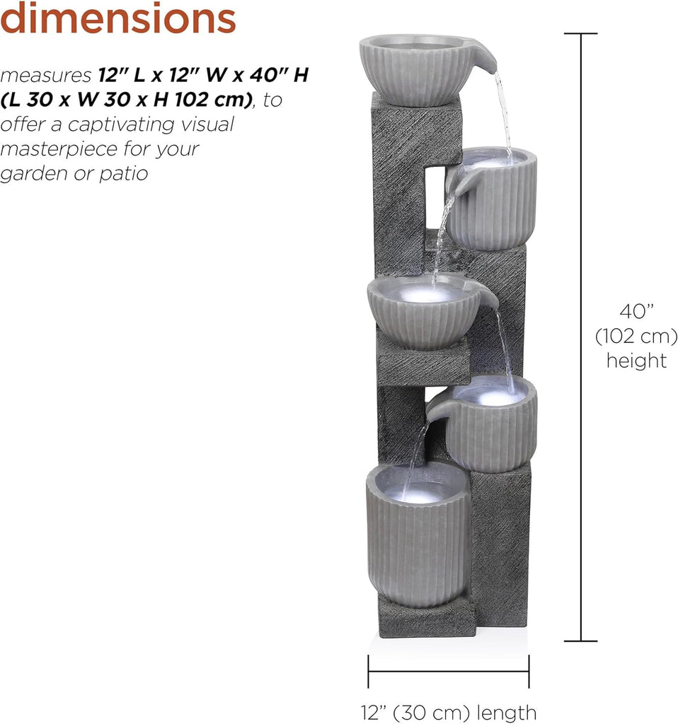 40" Tall Outdoor 5 Tiered Pot Decorative Waterfall Floor Fountain with LED Lights, Perfect for Patios, Yards