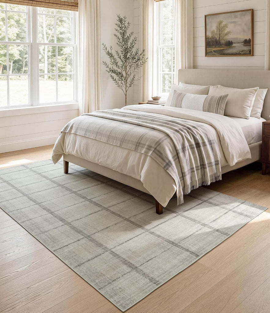 Beige Grey Distressed Plaid Area Rug