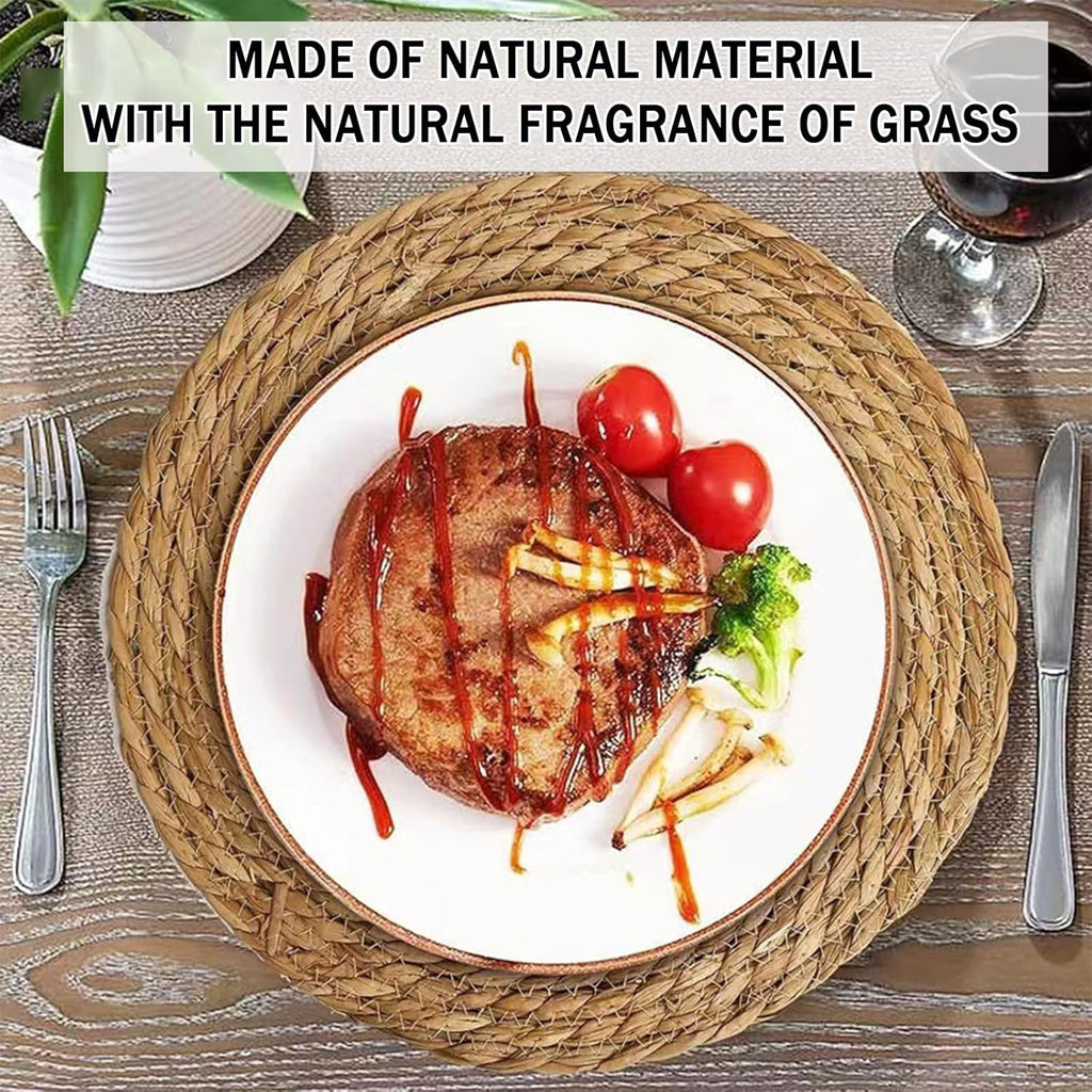 Handmade Heat Resistant 13" Round Woven Placemats Set of 8, Wicker Boho No Chemical Natural Water Hyacinth Place