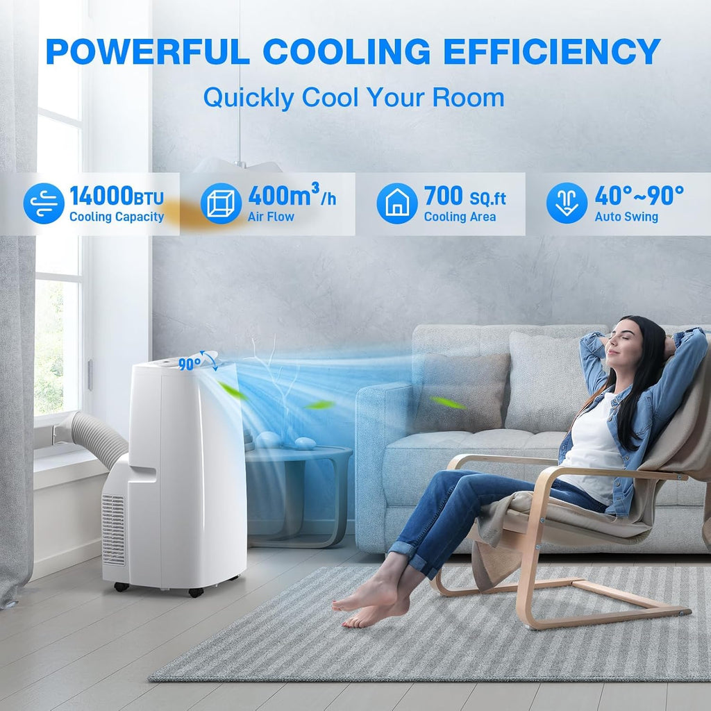 14000 BTU Portable Air Conditioner, 4-in-1 Air Conditioner Portable for Room Up to 700 Sq.Ft. with Remote, Auto Swing