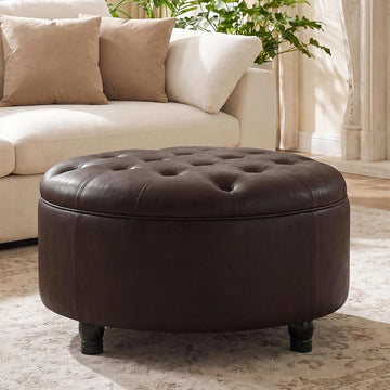 30-Inch Round Ottoman with Storage, Leather Ottoman (Dark Brown) | Button Tufted Ottoman Coffee Table, Storage