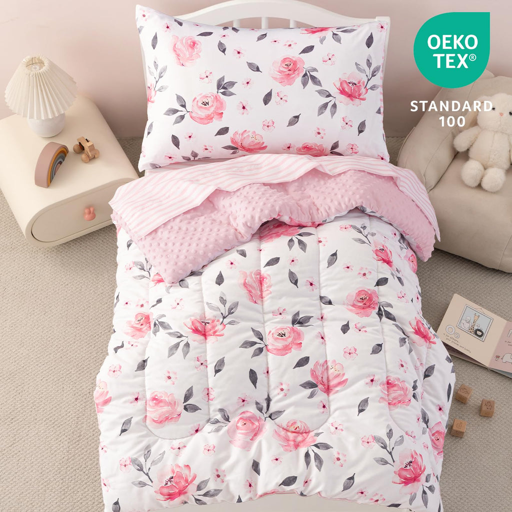 4 Piece Minky Toddler Bedding Set, Ultra Soft Fluffy Skin-Friendly Soothing Minky Dot Toddler Comforter Set, Unique