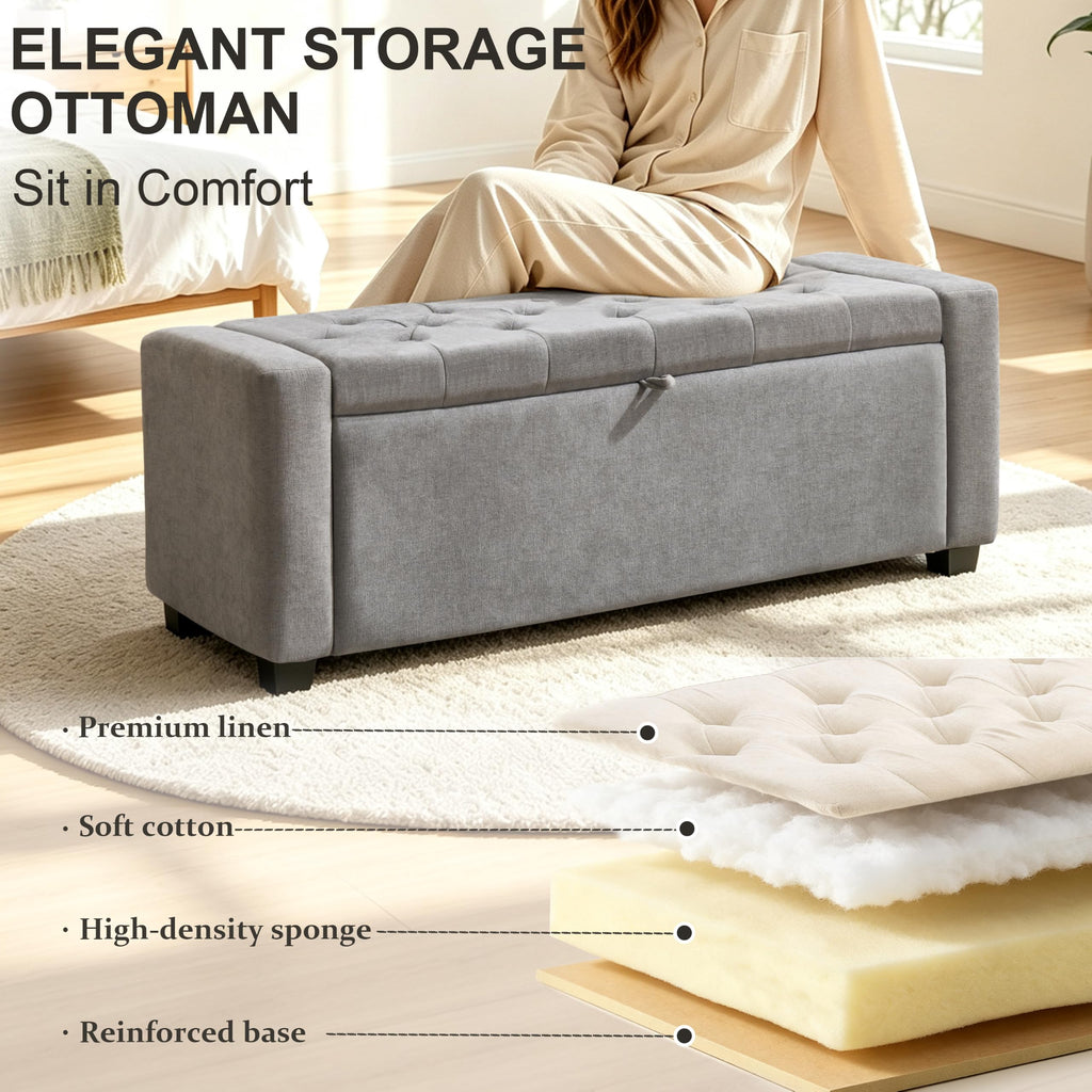 48" Ottoman with Storage, Tufted Linen Storage Ottoman Bench, Gray