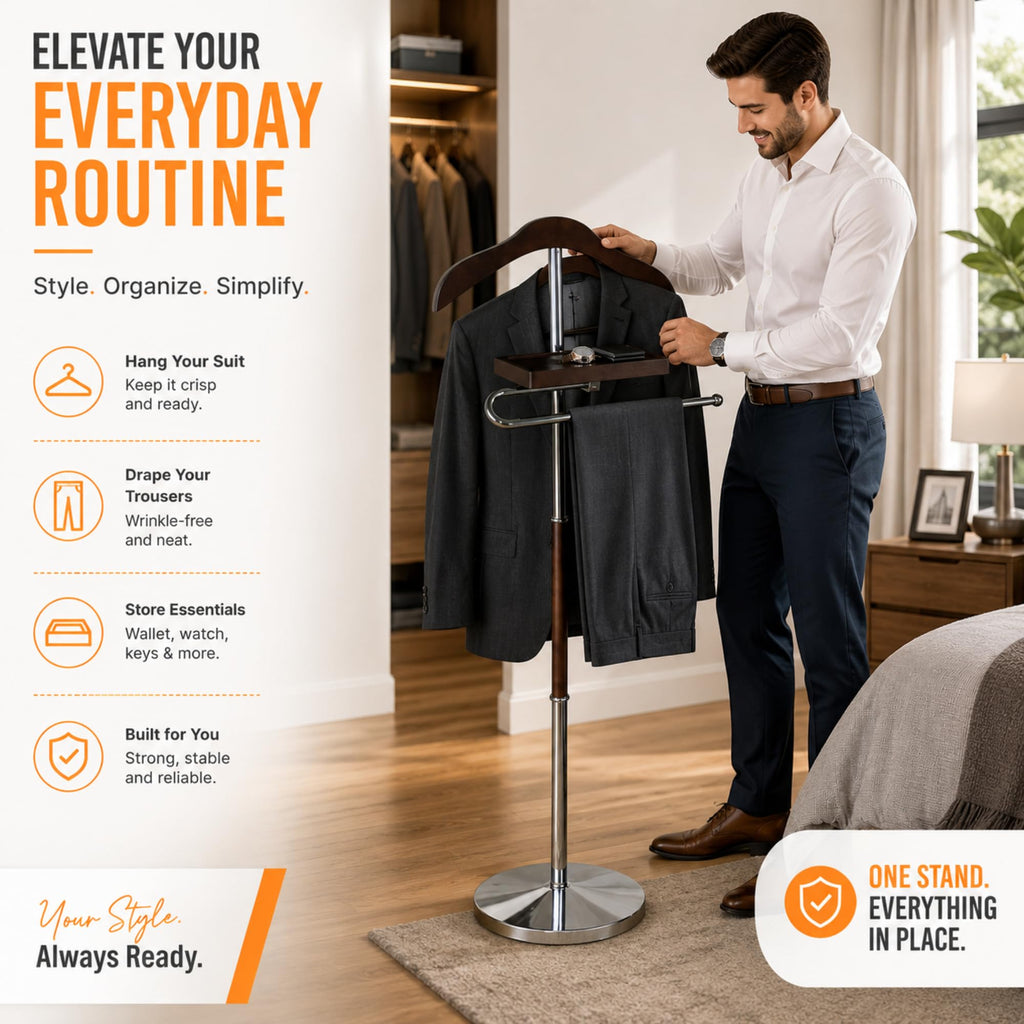 Brown Wooden Suit Valet Stand with Hanger Trouser Bar Storage Tray Elegant Clothes Organizer Closet Space Saving